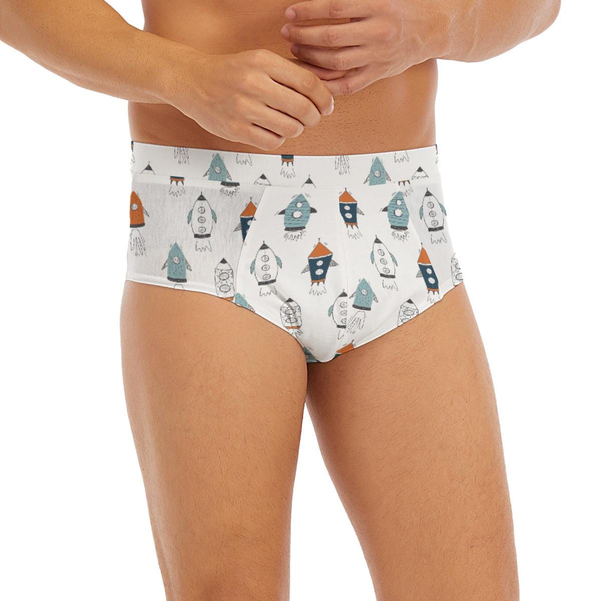 ABDL Rocket Print Men's Briefs, Adult Baby Underwear, Cute Space Rocket Low Rise Briefs, DL Underwear, Fun Men's Lingerie
