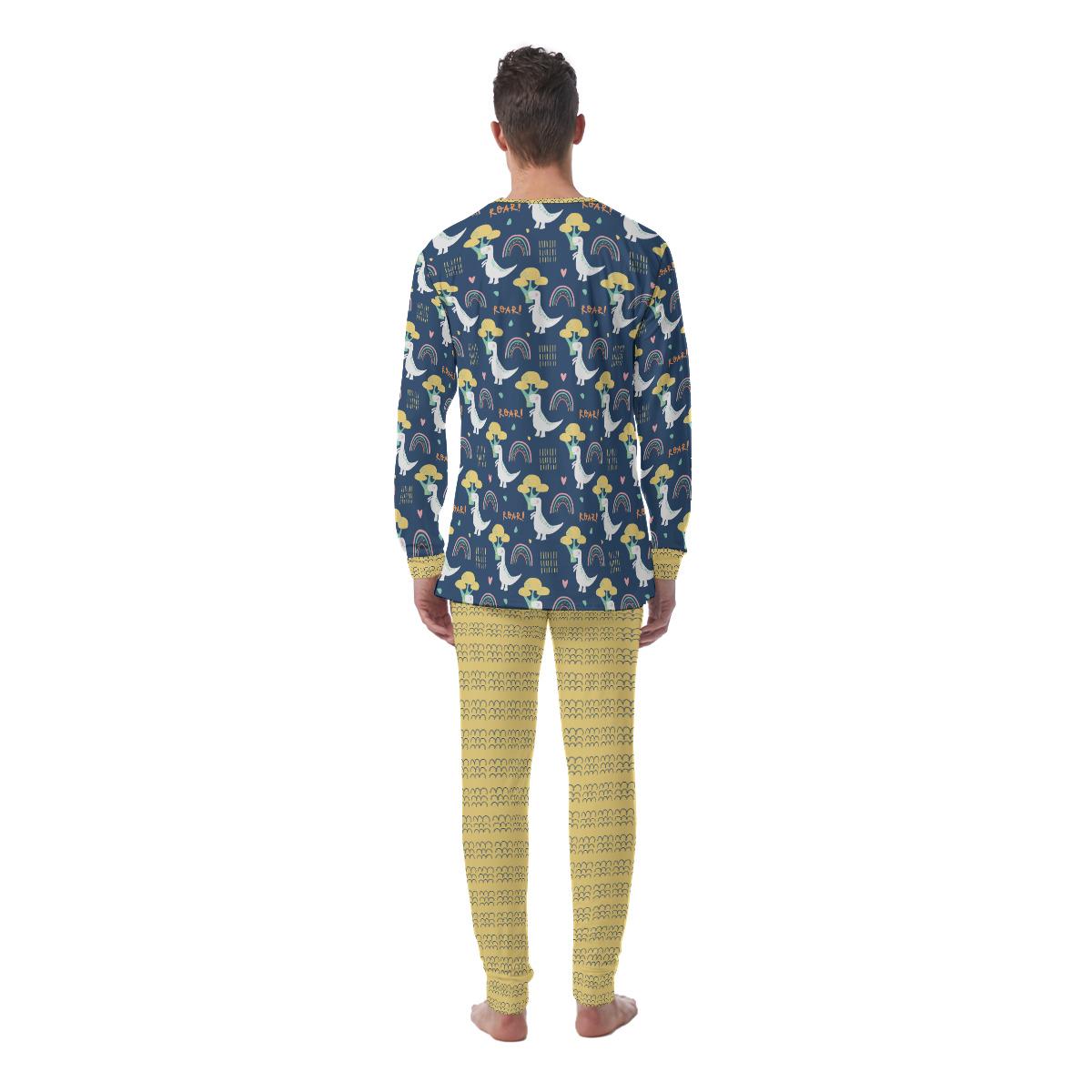 Navy Rainbow Dino & Mustard ABDL Pajama Set | Soft Stretch Two-Piece Sleepwear
