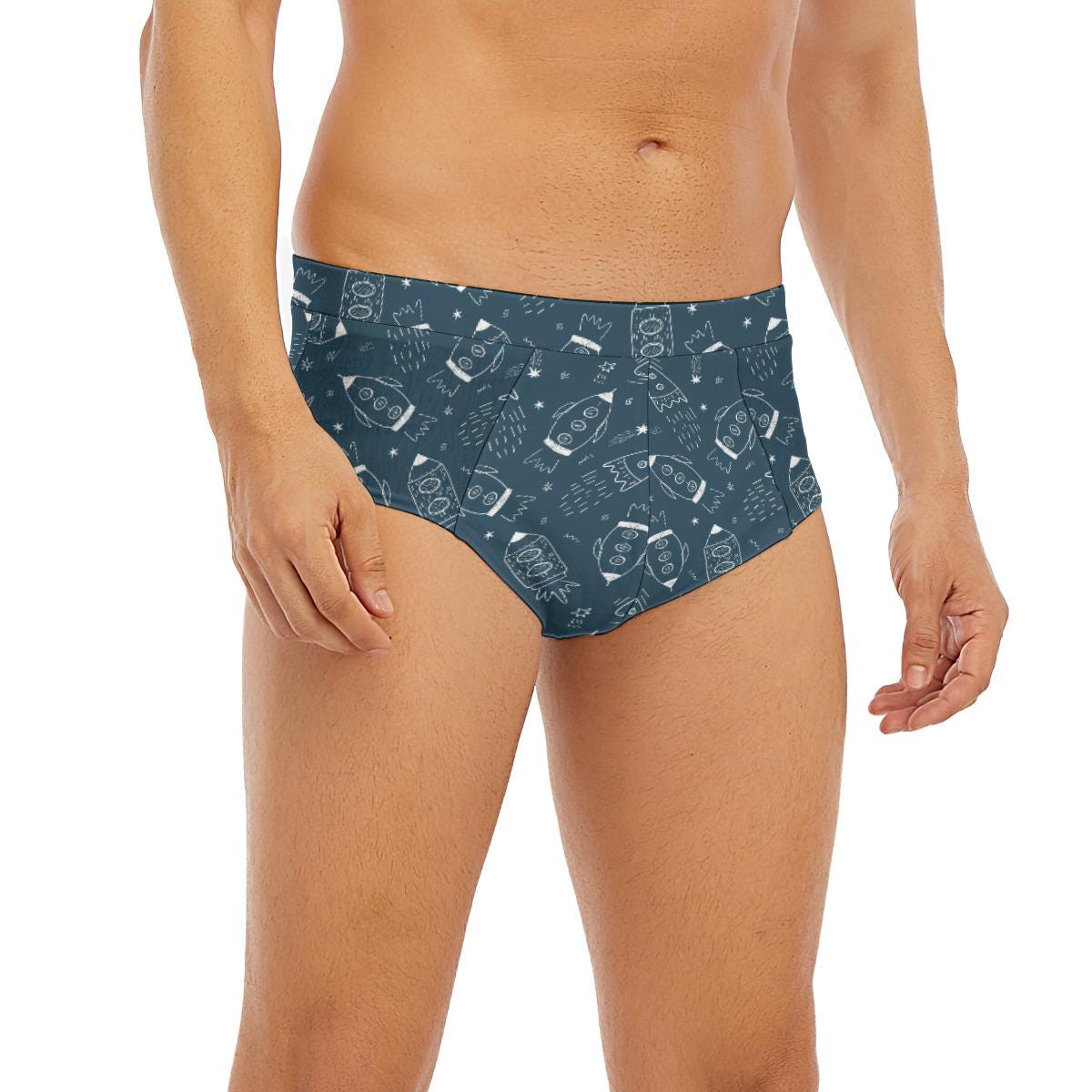 ABDL Rocket Print Men's Briefs, Low Rise Adult Baby Underwear, Cute Space Print Briefs, DL Lingerie, Comfy Stretch Underwear