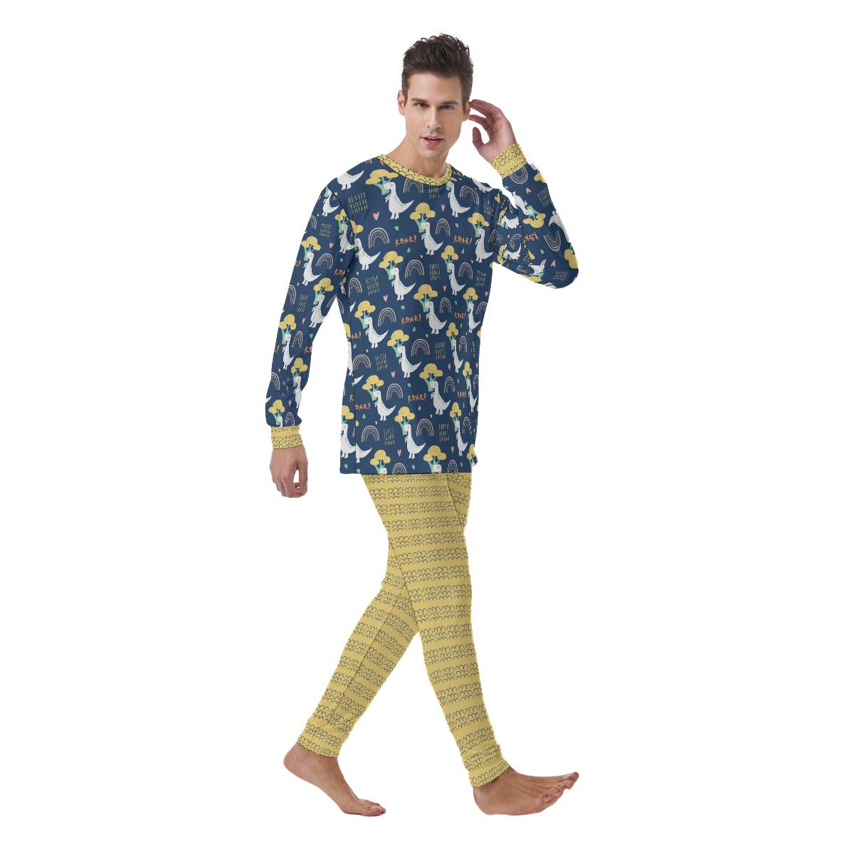 Navy Rainbow Dino & Mustard ABDL Pajama Set | Soft Stretch Two-Piece Sleepwear