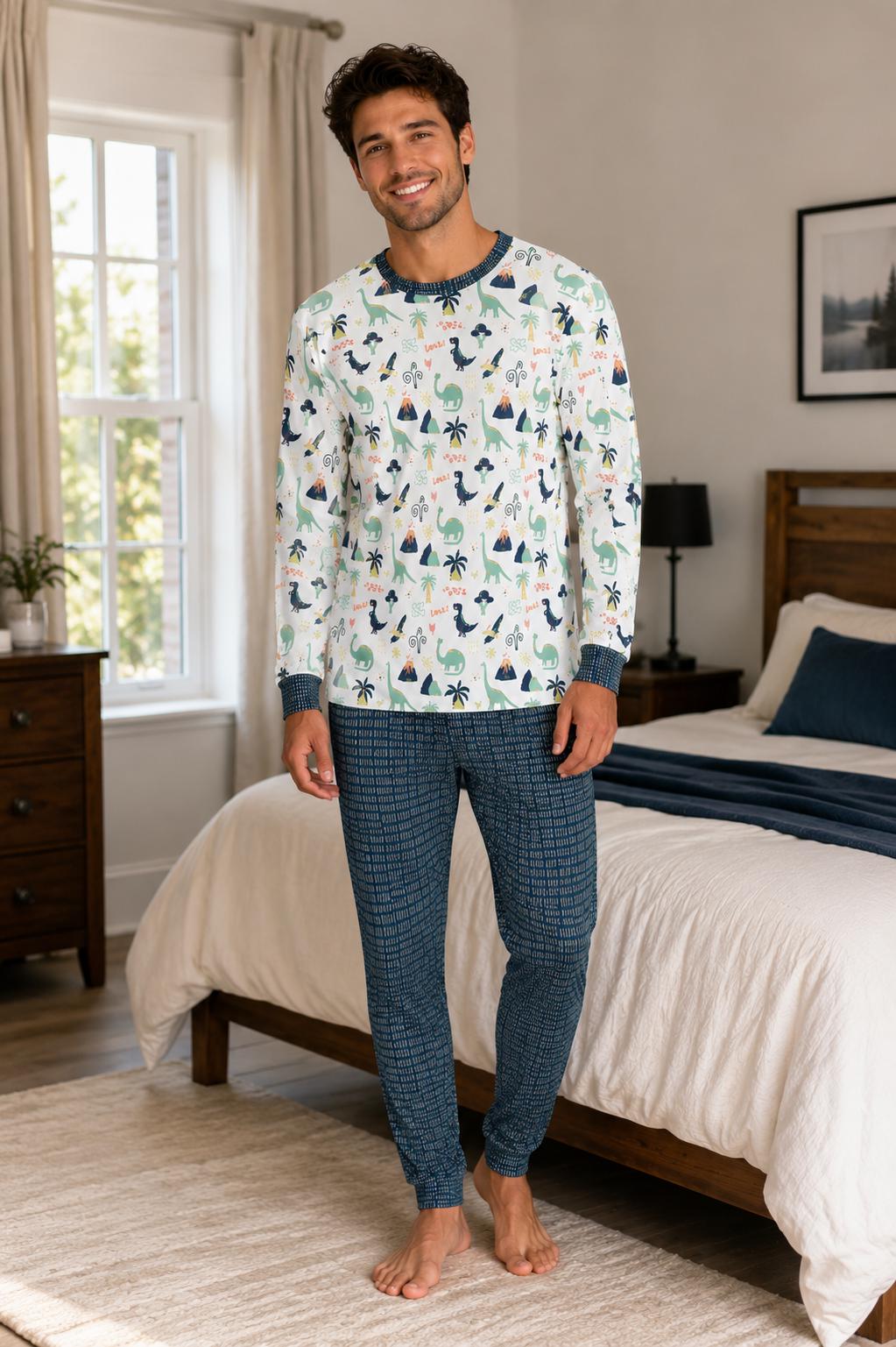 Roaring Dino & Volcano ABDL Pajama Set | Soft Stretch Two-Piece Adult Sleepwear