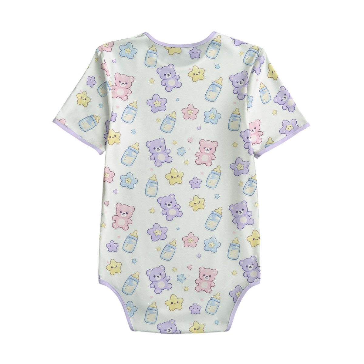 Adult Baby Onesie Pastel Teddy Bear & Milk Bottle Print – ABDL Bodysuit Short Sleeve