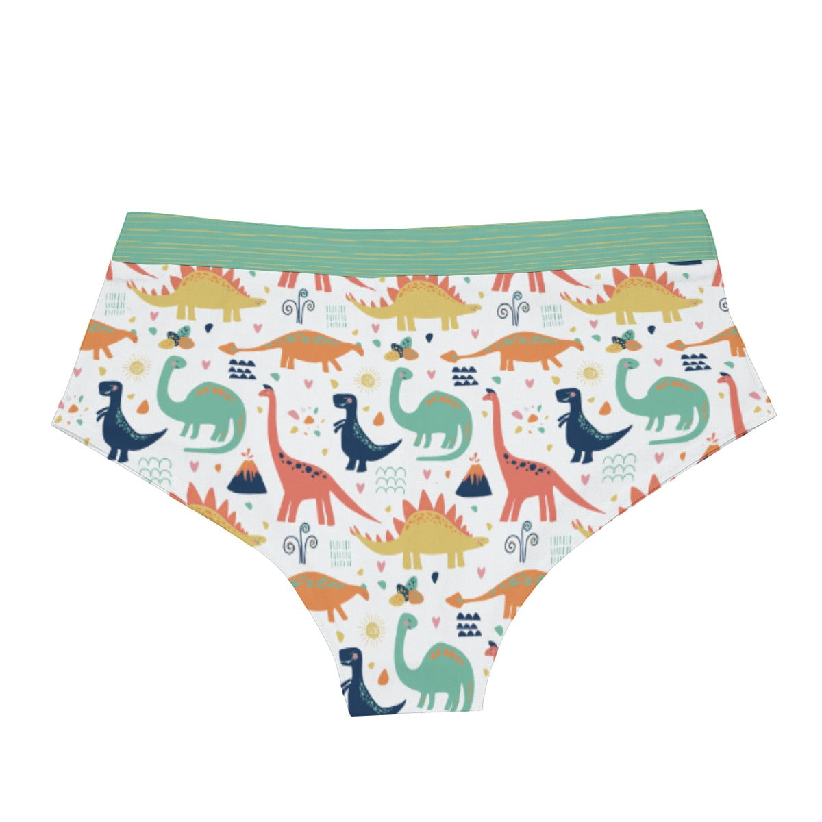 Back view of cute dinosaur ABDL briefs for adults featuring a colorful prehistoric print, stretchy fabric, and comfortable low-rise design.