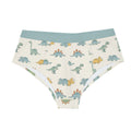 Cute adult ABDL briefs with an all-over dinosaur print featuring colourful blue, green and yellow dinosaurs on a cream background with a light blue waistband.