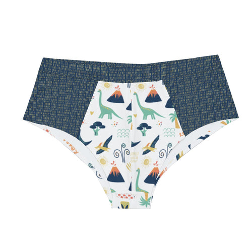 Cute adult ABDL briefs featuring a colourful dinosaur, volcano, palm tree and prehistoric-themed print on white fabric, with a contrasting dark blue waistband and side panels.