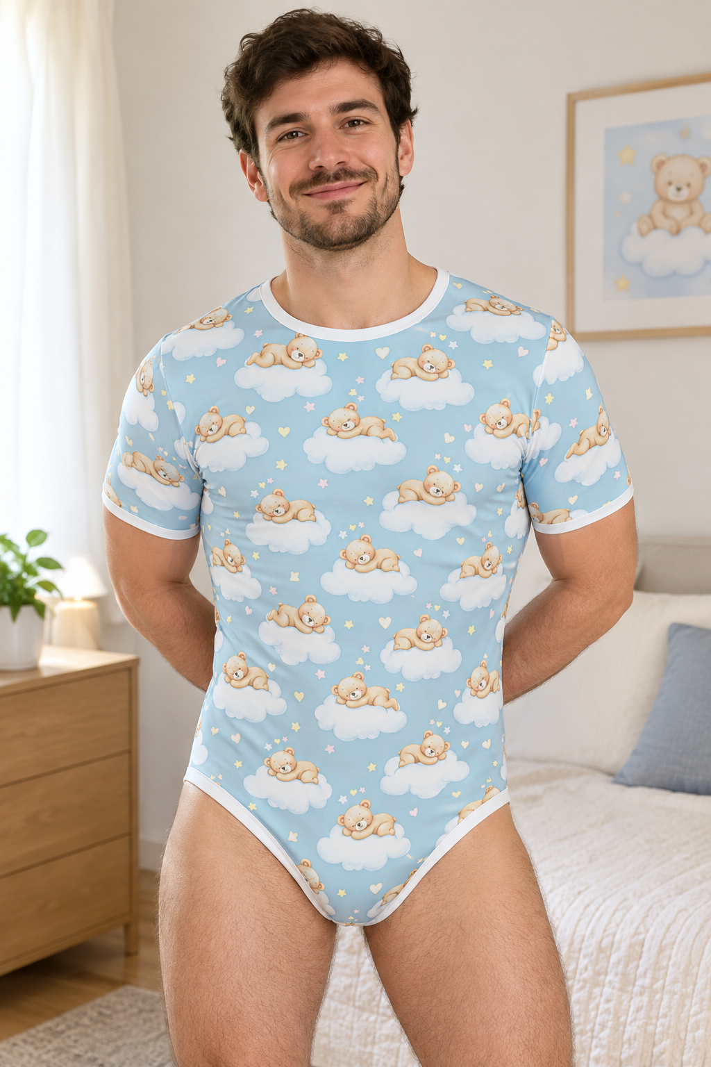Sleeping Bear on Cloud Adult Onesie | Light Blue ABDL Bodysuit