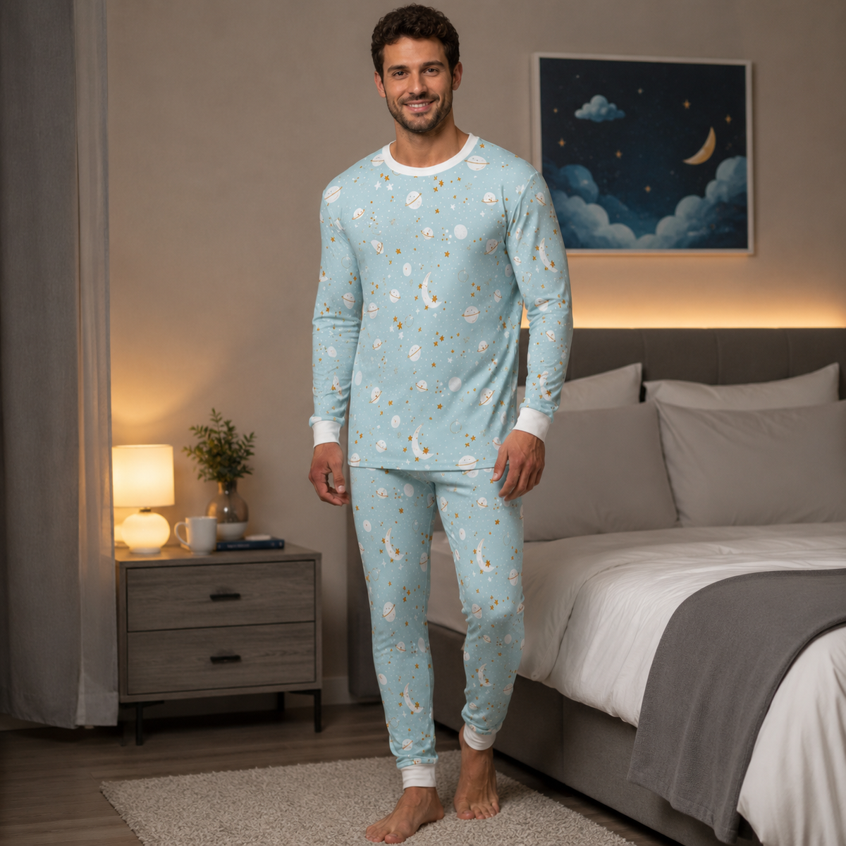 Men's ABDL Pajamas Set, Adult Baby Space Pajamas, Cute Planet Print Sleepwear, Cozy Long Sleeve Lounge Set, Adult Baby Clothing