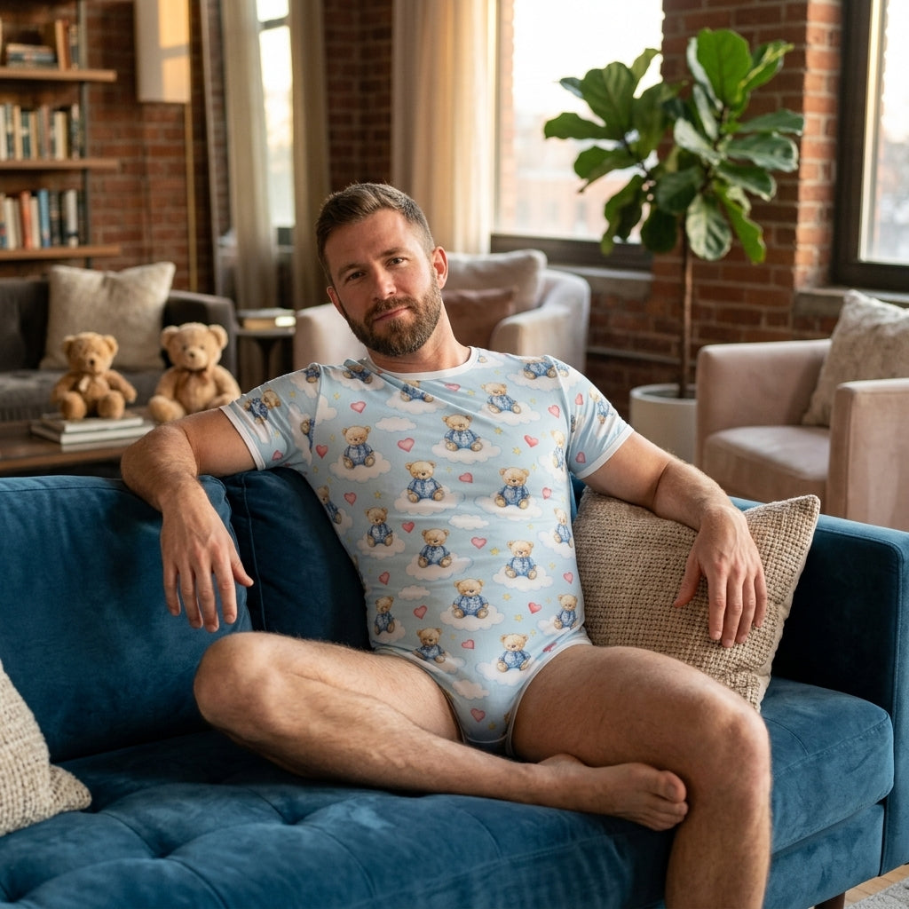 Sleepy Bodysuit Bear on Cloud Adult Onesie | Light Blue ABDL Bodysuit