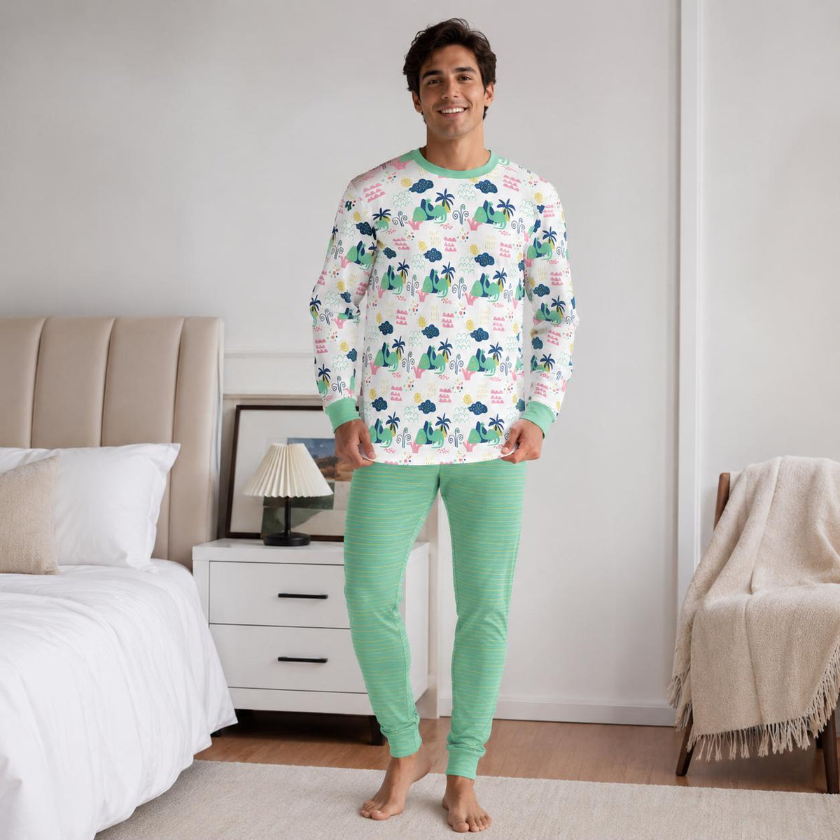 Playful Dinosaurs & Palms Adult ABDL Pajama Set | Soft Stretch Two-Piece Sleepwear