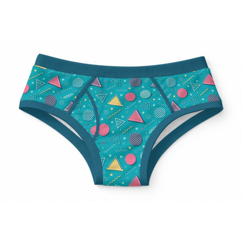 ABDL adult briefs featuring a retro 90s Memphis geometric pattern with pink triangles and polka dots on teal fabric
