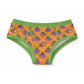 ABDL adult briefs featuring a cute print of green aliens sitting on purple beanbags watching TV on orange fabric with green trim