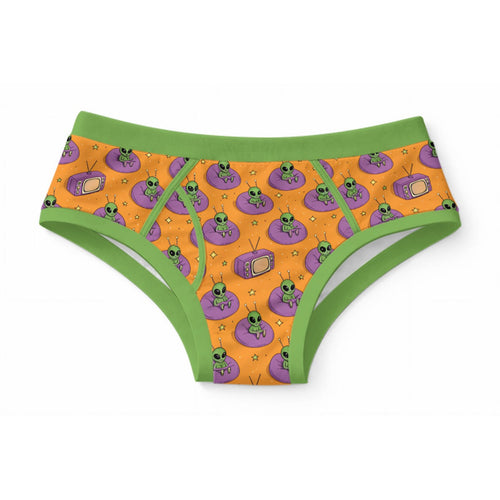 ABDL adult briefs featuring a cute print of green aliens sitting on purple beanbags watching TV on orange fabric with green trim