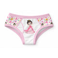 ABDL adult briefs featuring a cute princess in a pink gown with castles and crowns on white fabric with pink trim