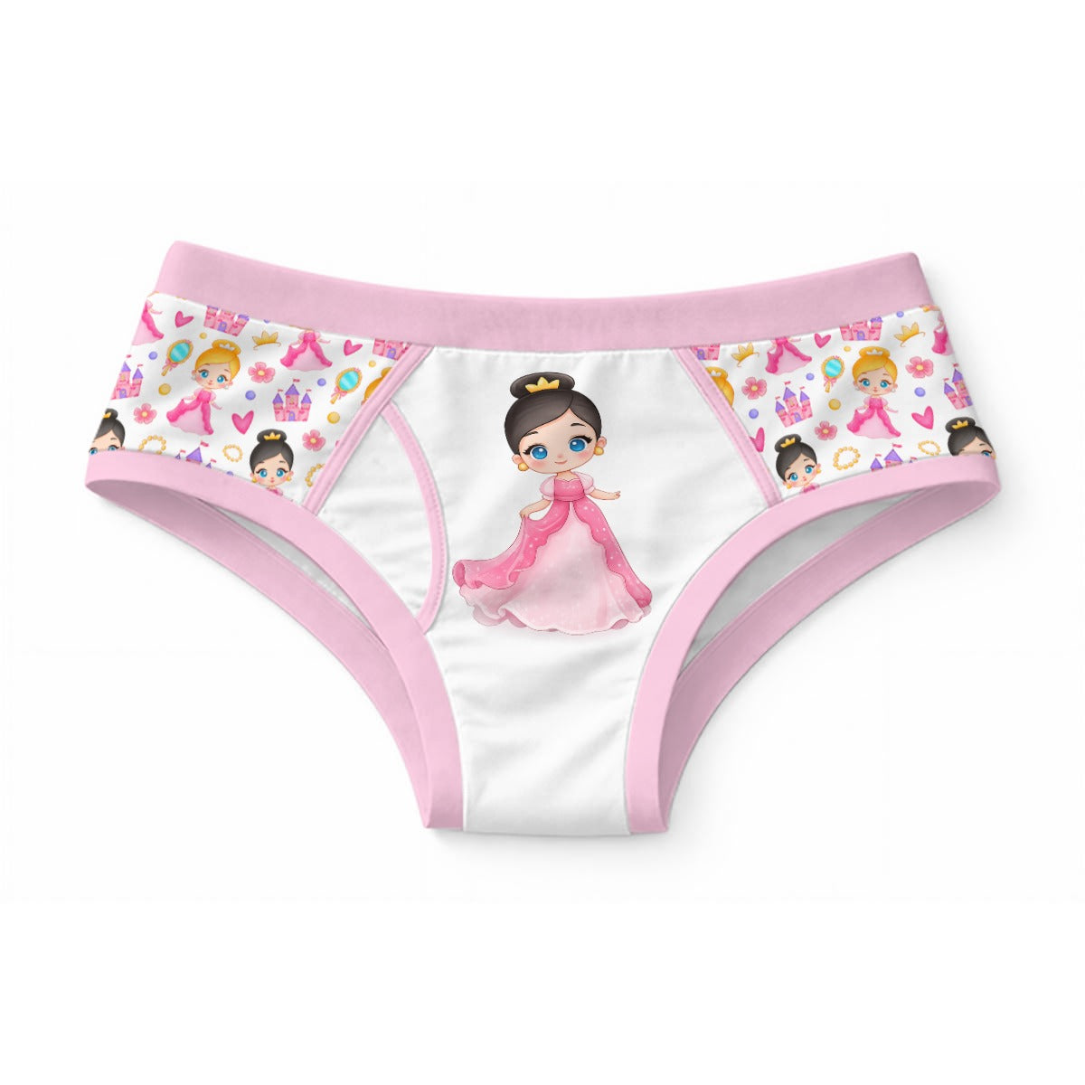 ABDL adult briefs featuring a cute princess in a pink gown with castles and crowns on white fabric with pink trim