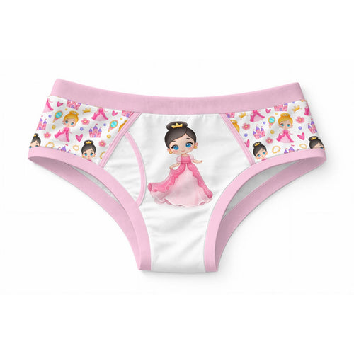 ABDL adult briefs featuring a cute princess in a pink gown with castles and crowns on white fabric with pink trim