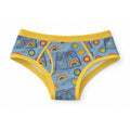 ABDL adult briefs featuring a print of denim shorts, colorful rainbows, and smiley faces on blue fabric with yellow trim