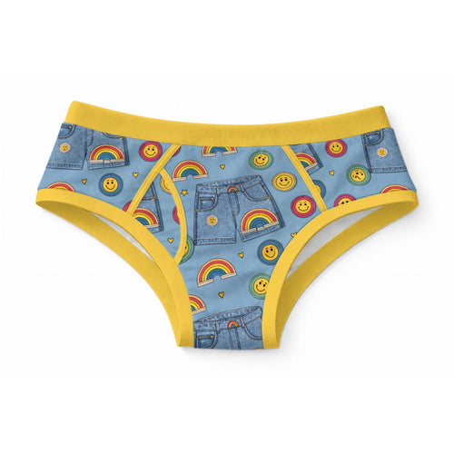 ABDL adult briefs featuring a print of denim shorts, colorful rainbows, and smiley faces on blue fabric with yellow trim