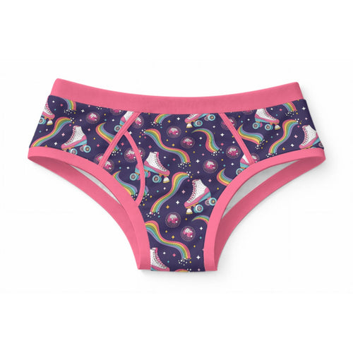 ABDL adult briefs featuring a retro roller skate print with rainbow trails and disco balls on dark purple fabric with pink trim