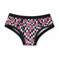 ABDL adult briefs featuring a black and white checkerboard print with pink melting smiley faces and black trim