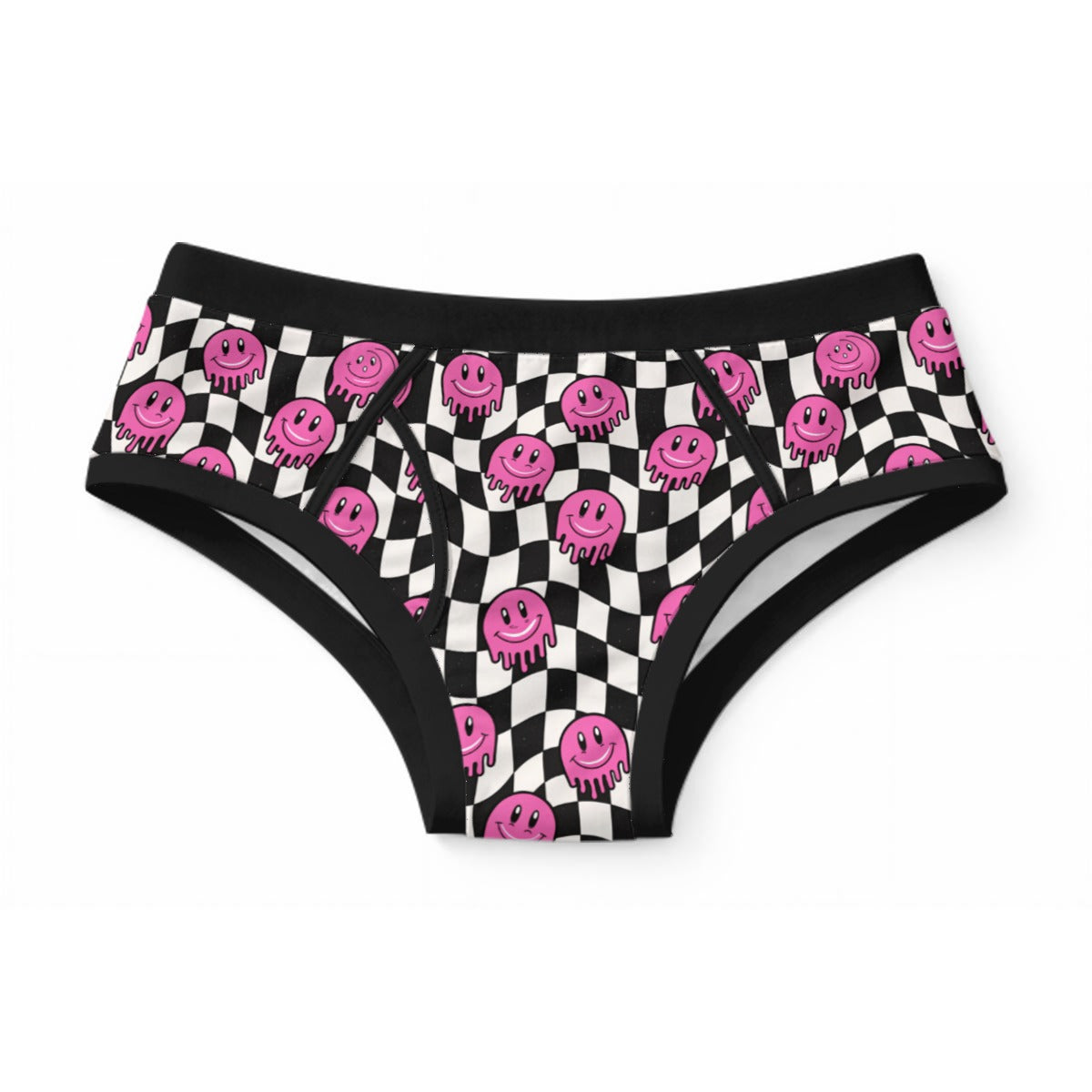 ABDL adult briefs featuring a black and white checkerboard print with pink melting smiley faces and black trim