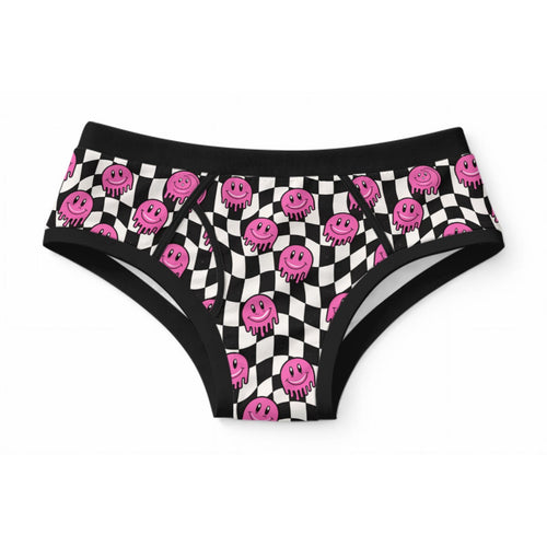 ABDL adult briefs featuring a black and white checkerboard print with pink melting smiley faces and black trim