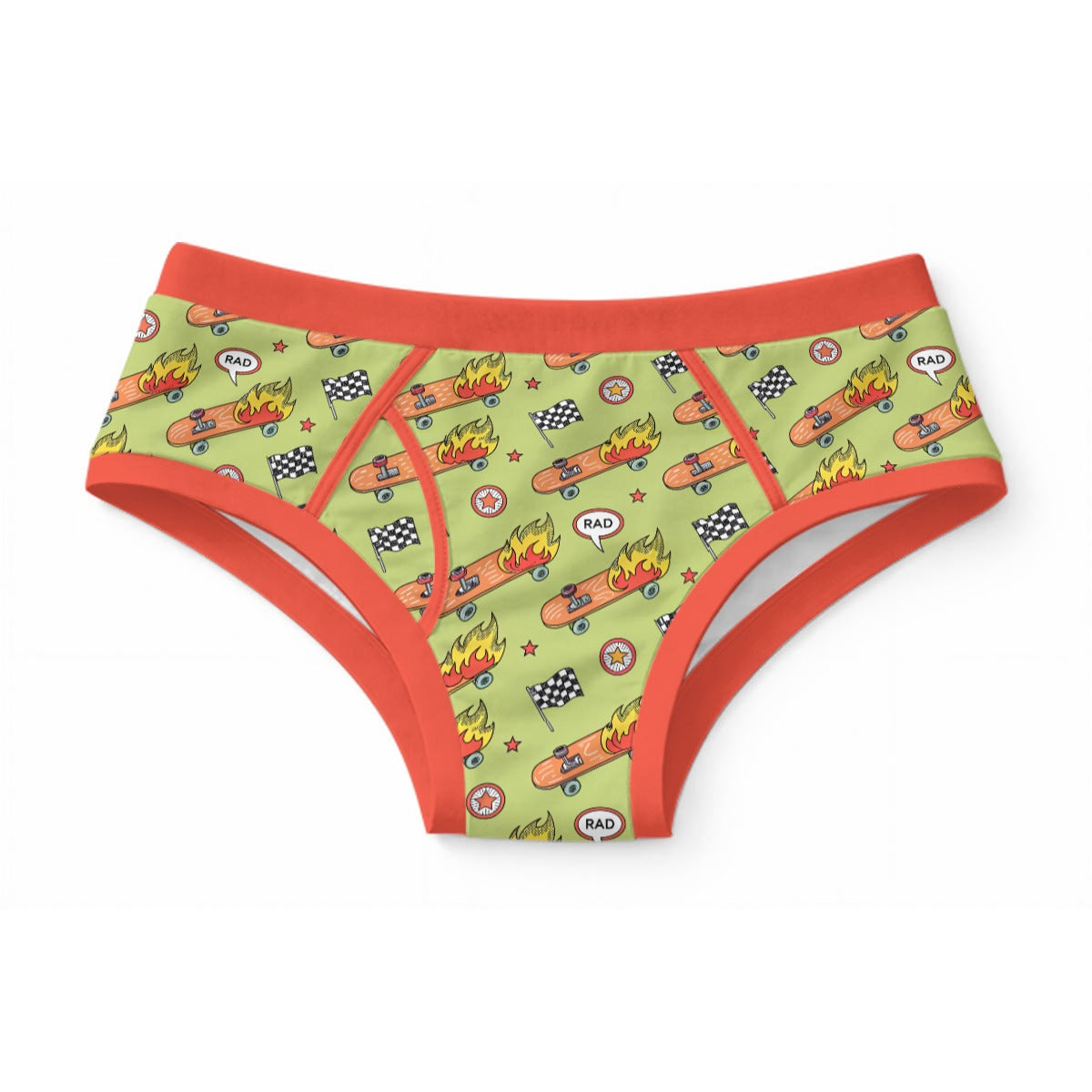 ABDL adult briefs featuring a flame skateboard print with checkered flags and RAD speech bubbles on light green fabric with orange trim