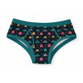 ABDL adult briefs featuring a retro 8-bit arcade space invader pixel print on dark navy fabric with teal trim