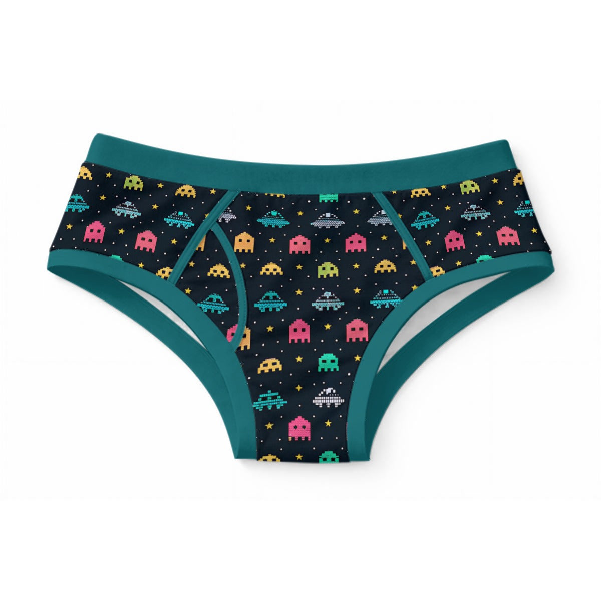 ABDL adult briefs featuring a retro 8-bit arcade space invader pixel print on dark navy fabric with teal trim