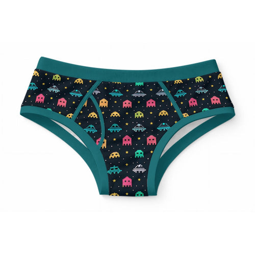 ABDL adult briefs featuring a retro 8-bit arcade space invader pixel print on dark navy fabric with teal trim
