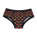 ABDL adult briefs featuring a retro 8-bit pixel hearts and gold coins gaming pattern on black fabric with black trim
