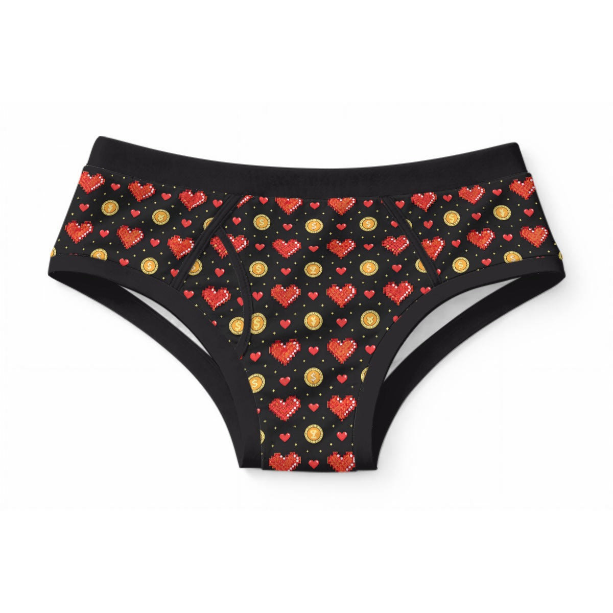 ABDL adult briefs featuring a retro 8-bit pixel hearts and gold coins gaming pattern on black fabric with black trim