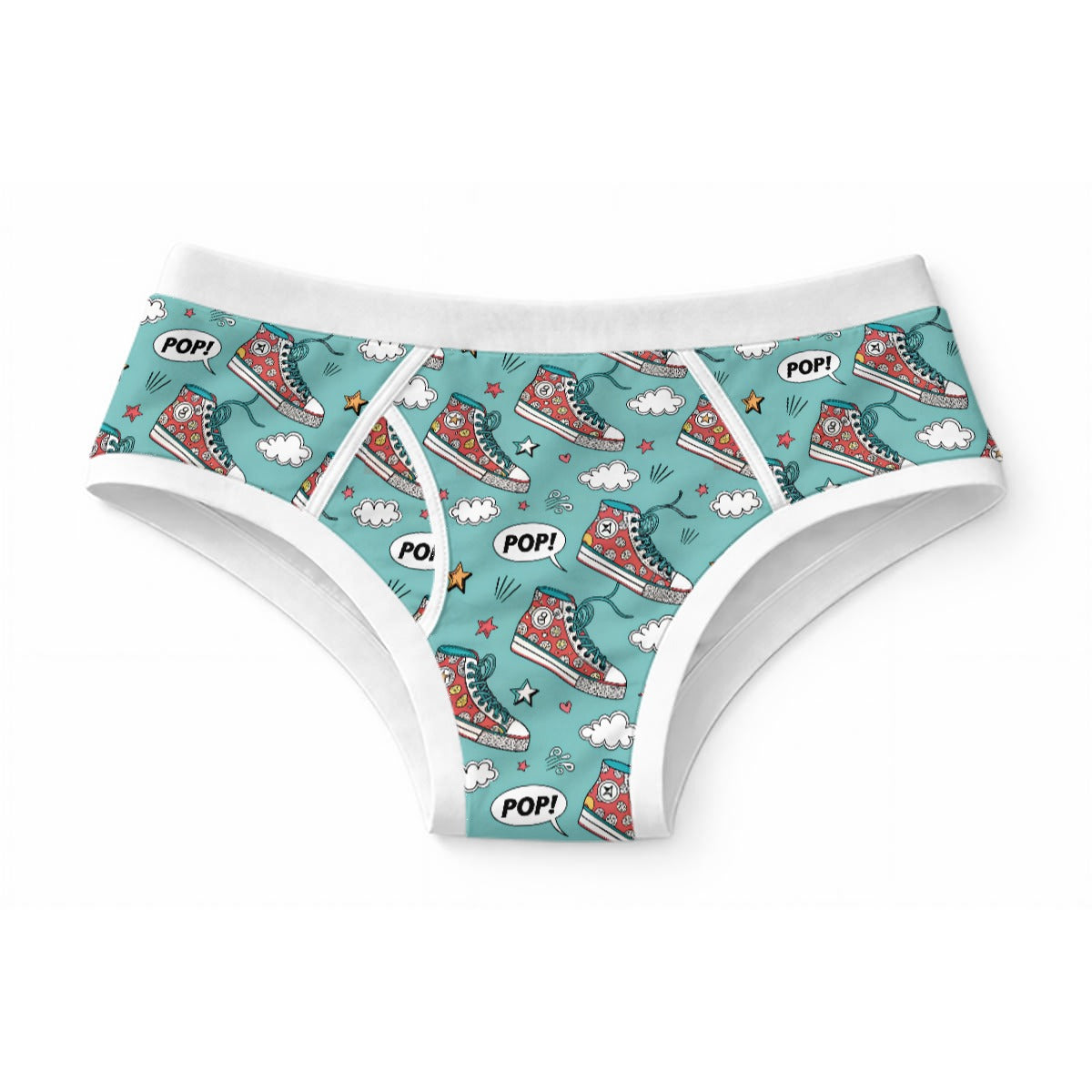 ABDL adult briefs featuring a pop-art sneaker print with clouds and POP speech bubbles on a blue background