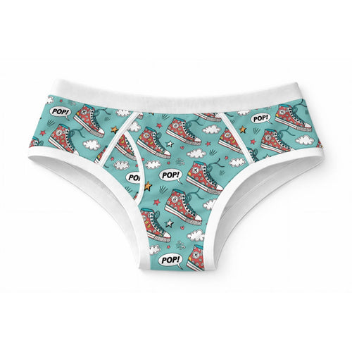ABDL adult briefs featuring a pop-art sneaker print with clouds and POP speech bubbles on a blue background