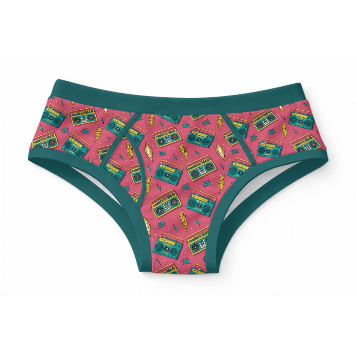 ABDL adult briefs featuring a retro 80s boombox and yellow lightning print on magenta fabric with teal trim