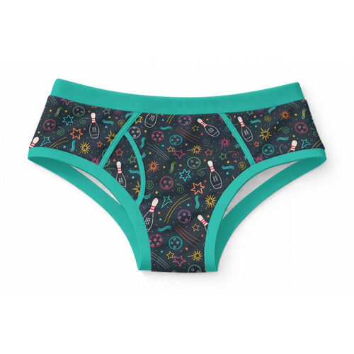 ABDL adult briefs featuring a retro neon cosmic bowling print with pins, balls, and stars on navy fabric with turquoise trim