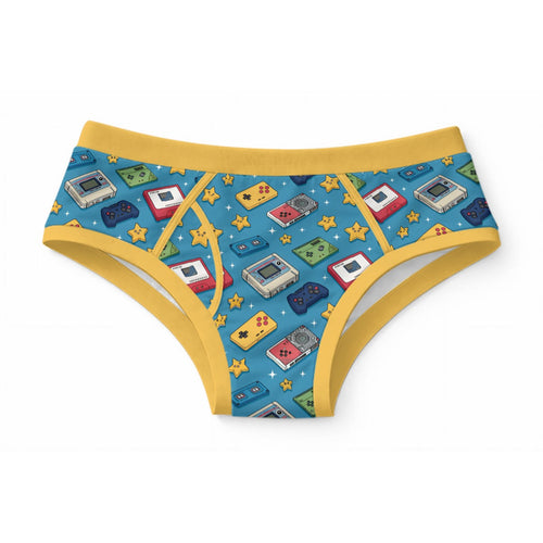 ABDL adult briefs featuring a retro video game console and controllers print on blue fabric with yellow trim