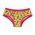 ABDL adult briefs featuring a summer tropical fruit print with pineapples, watermelons, and cherries on yellow fabric with pink trim