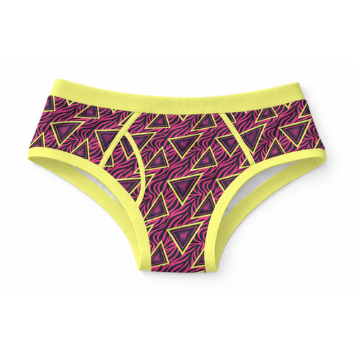 ABDL adult briefs featuring a retro synthwave geometric print with neon triangles on wavy pink and purple fabric with yellow trim