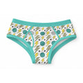 ABDL adult briefs featuring a retro yellow lightning bolt and dotted circle print on white fabric with mint turquoise trim