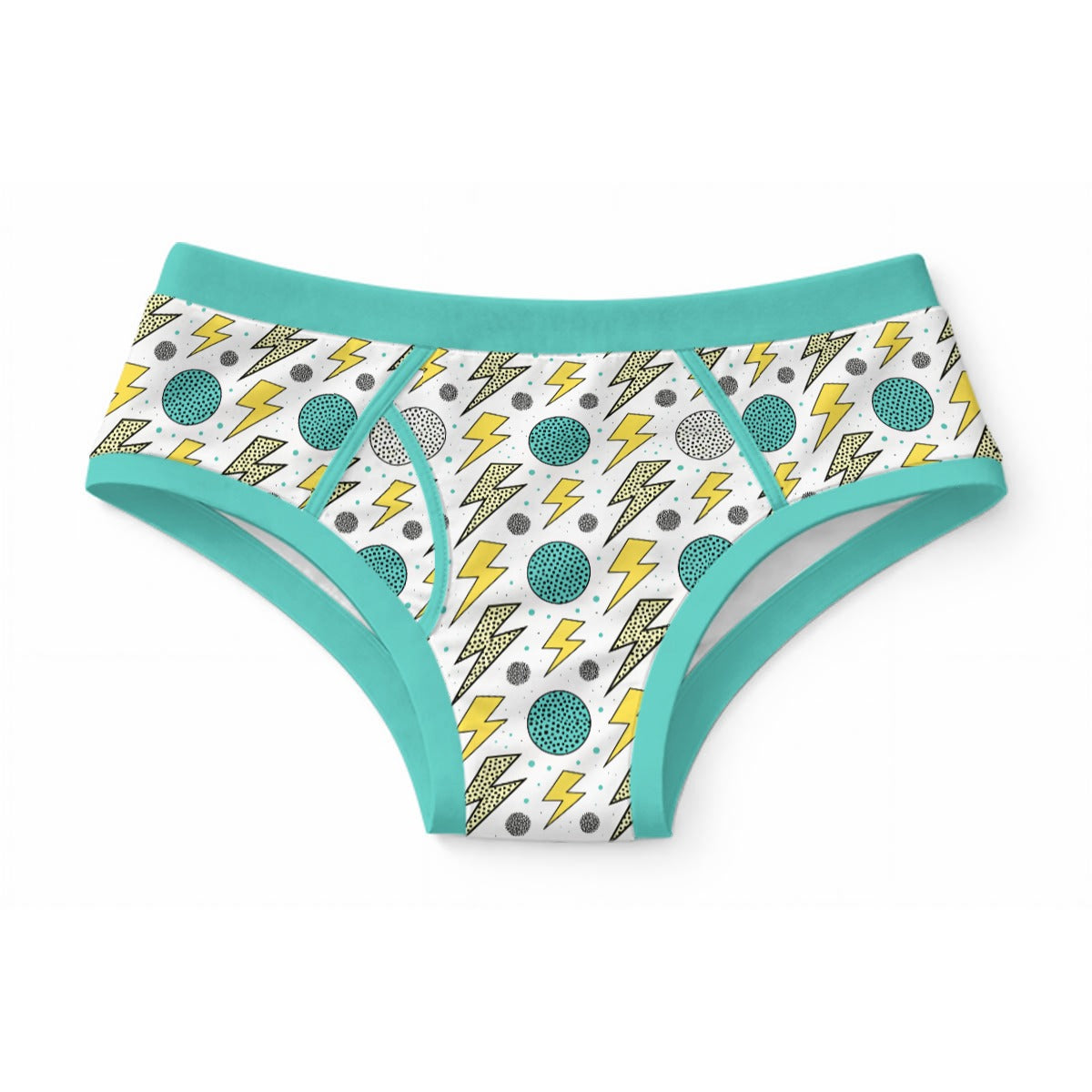 ABDL adult briefs featuring a retro yellow lightning bolt and dotted circle print on white fabric with mint turquoise trim