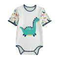 ABDL adult baby onesie with short sleeves featuring a cute dinosaur print on white fabric with blue trim from Pikipuki.
