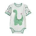 ABDL adult baby onesie with short sleeves featuring a cute green dinosaur with heart tail detail and mint green trim from Pikipuki.