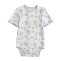 ABDL adult baby onesie with short sleeves featuring an all-over pastel print of teddy bears, milk bottles, stars, and lavender trim from Pikipuki.