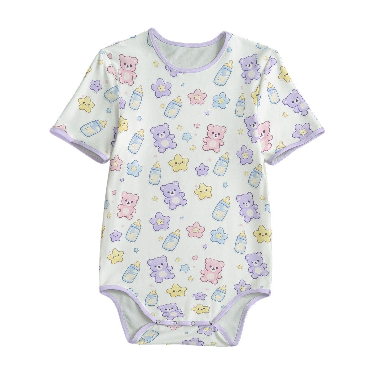 ABDL adult baby onesie with short sleeves featuring an all-over pastel print of teddy bears, milk bottles, stars, and lavender trim from Pikipuki.