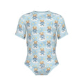 Short-sleeve light blue adult onesie featuring a pattern of teddy bears in blue pajamas with angel wings, halos, fluffy clouds, and stars.