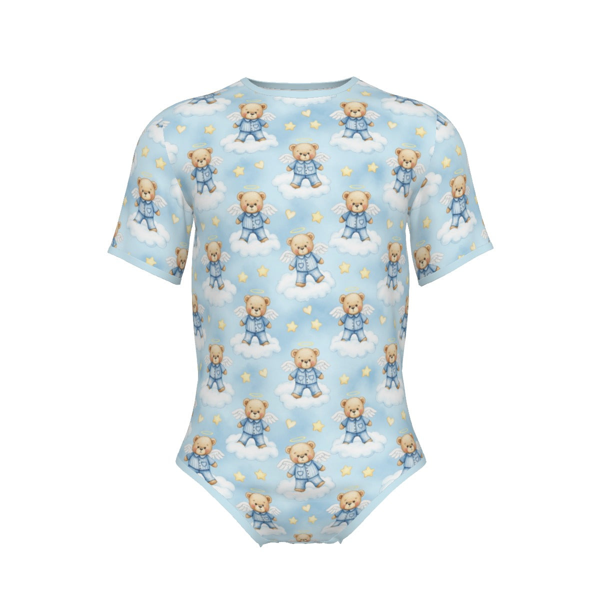 Short-sleeve light blue adult onesie featuring a pattern of teddy bears in blue pajamas with angel wings, halos, fluffy clouds, and stars.