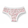Baby pink 100% cotton adult briefs featuring an all-over print of cute white unicorns, pastel rainbows, dark pink hearts, and crisp white elastic trim.