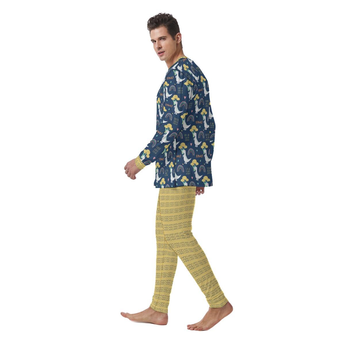 Navy Rainbow Dino & Mustard ABDL Pajama Set | Soft Stretch Two-Piece Sleepwear