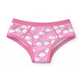 Bright pink 100% cotton adult briefs featuring an all-over pattern of happy smiling white clouds, colorful rainbows, stars, and pink elastic trim.