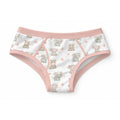 White 100% cotton adult briefs featuring an all-over watercolor print of baby elephants, hippos, pink butterflies, and soft dusty blush-pink elastic trim.